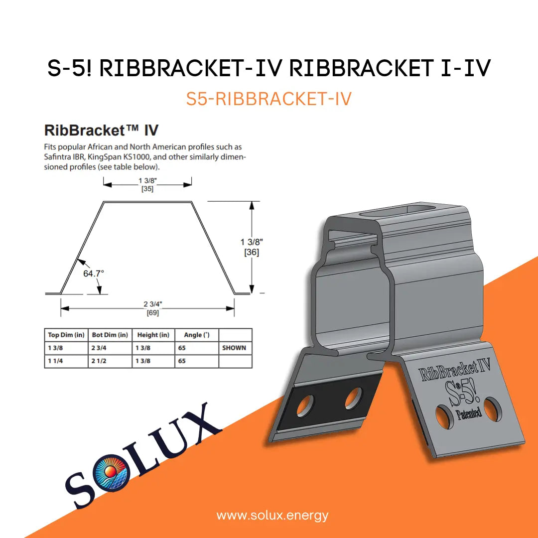 S-5! RibBracket-IV rib bracket with dimensions and Solux logo on an orange and white background